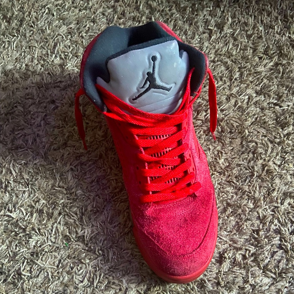 Jordan, five shoes, red, and black and silver on it